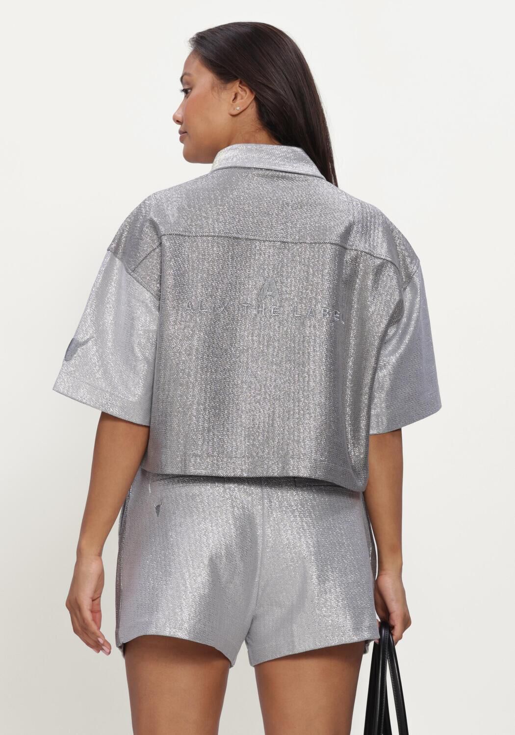 Lichtgrijze ALIX THE LABEL Blouses LADIES KNITTED FOIL CROPPED BLOUSE - large