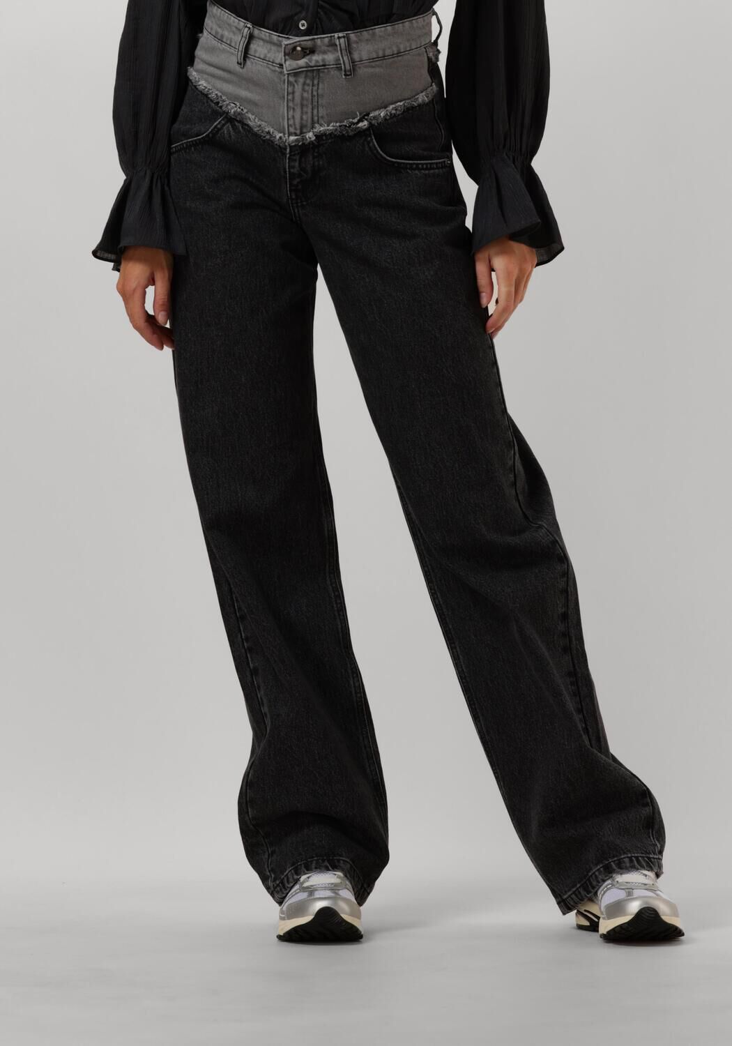 Co'Couture Wide Jeans Dames Grey Mix Block Long Jeans, Maat: L, Kleur: Grijs