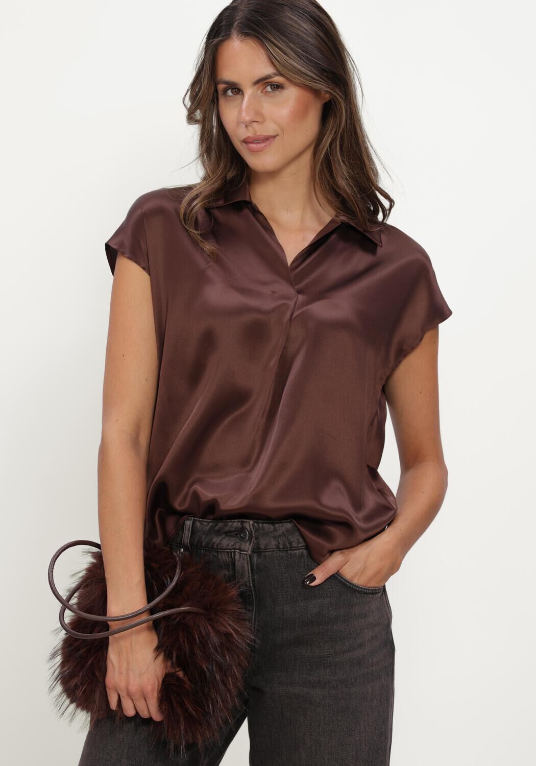 Bruine LUISA CERANO Top KURZARM-SEIDENBLUSE - large
