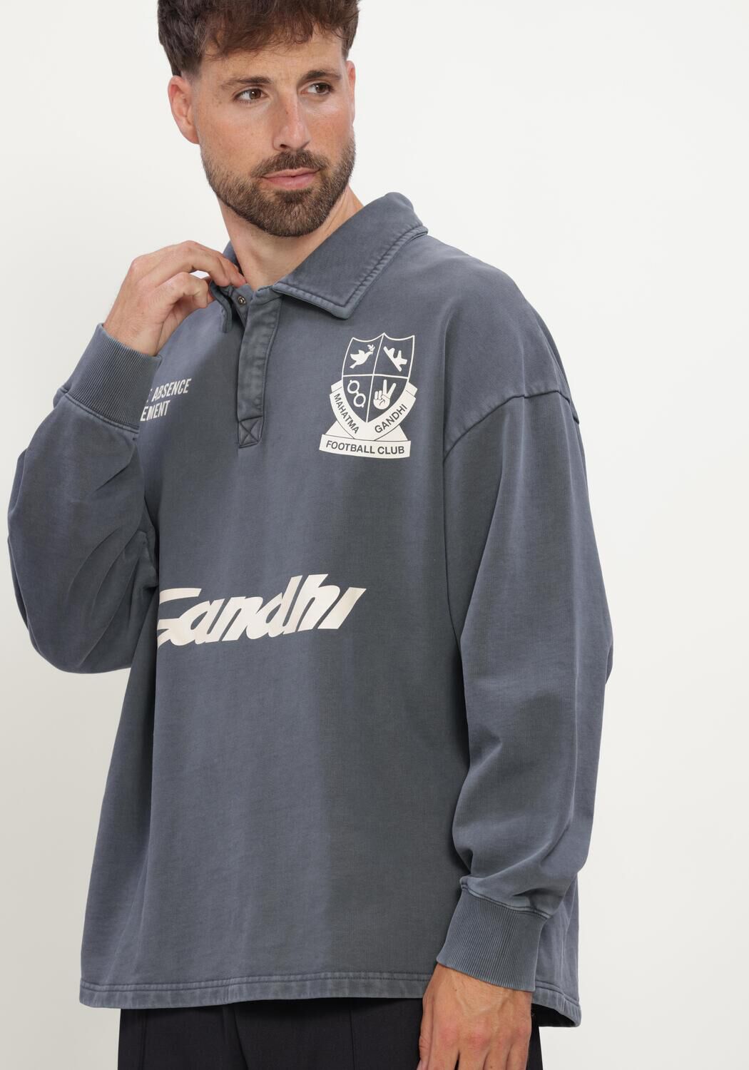 Grijze HOPEIUM Sweater FOOTBALL GANDHI POLO SWEAT HEAVY WASHED GREY - large