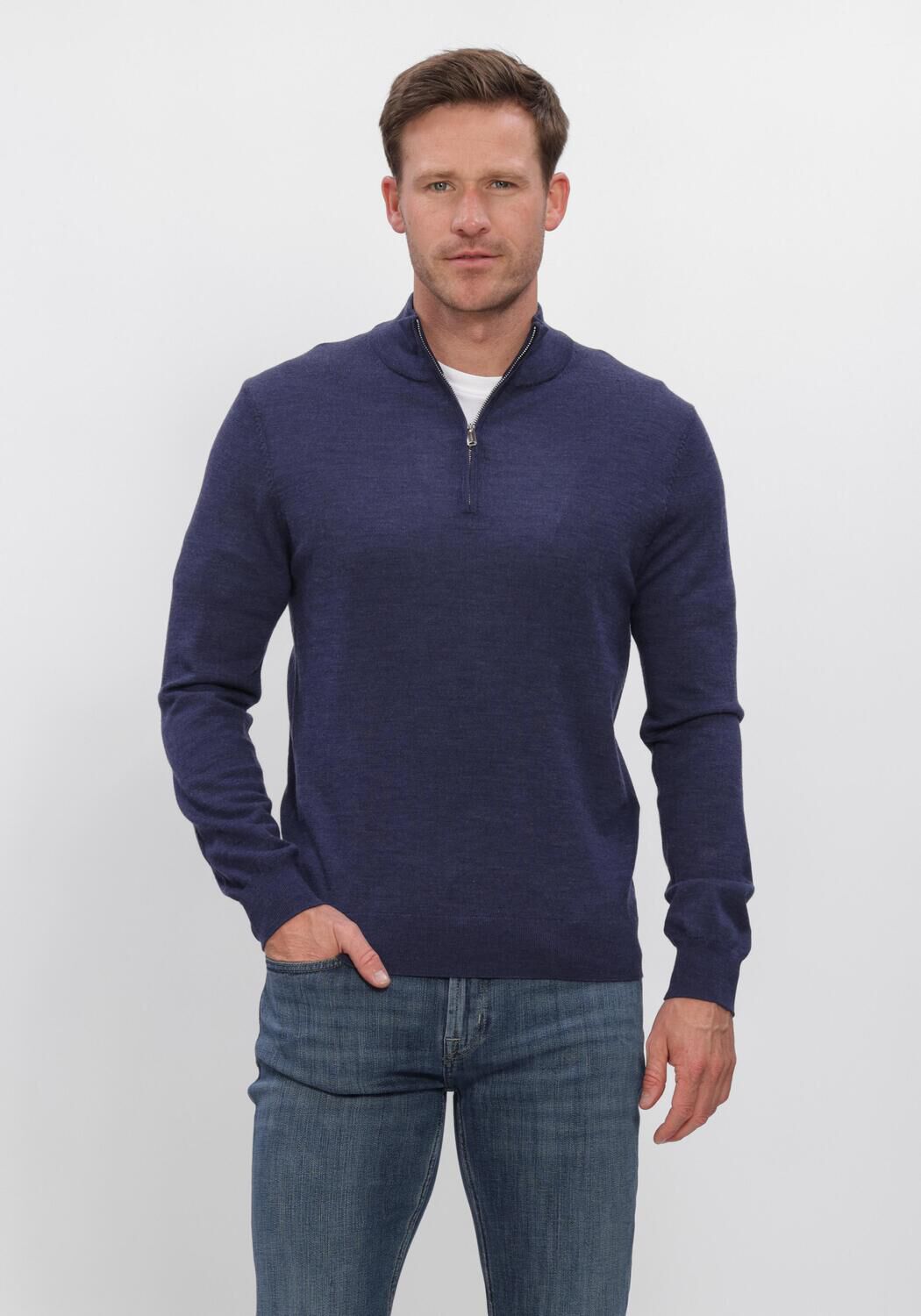Donkerblauwe PROFUOMO Trui PULLOVER HALF ZIP EXTRAFINE MERINO - large