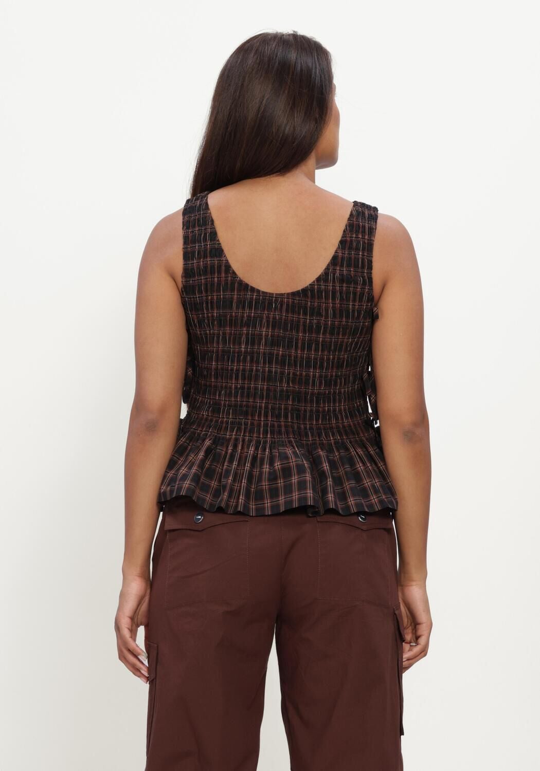 Bruine GANNI Tops & T-shirts YARN DYED CHECK SMOCKED TIE STRING TOP - large
