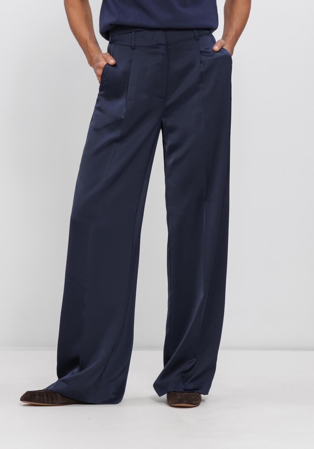 Donkerblauwe DANTE6 Wijde broek JULES SATIN SMART PANTS - large