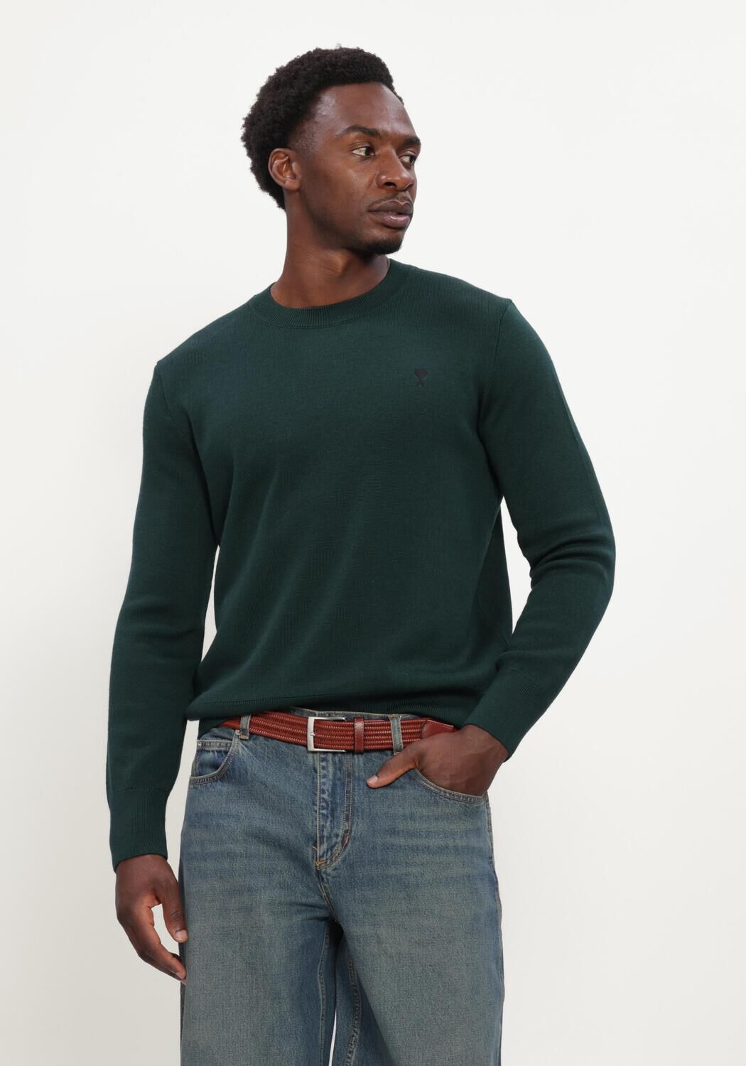 Donkergroene AMI PARIS Trui QUOTA - CREWNECK SWEATER WITH AMI DE COEUR - large