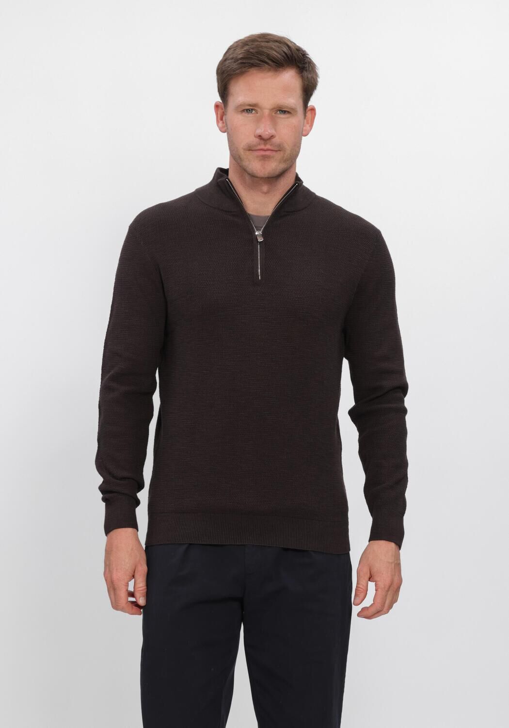 Bruine PROFUOMO Trui PULLOVER HALF ZIP TWINKLE SLUB STRUCTURE - large
