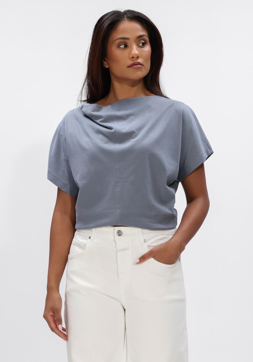 Blauwe CLOSED Top DRAPED NECK T-SHIRT - large