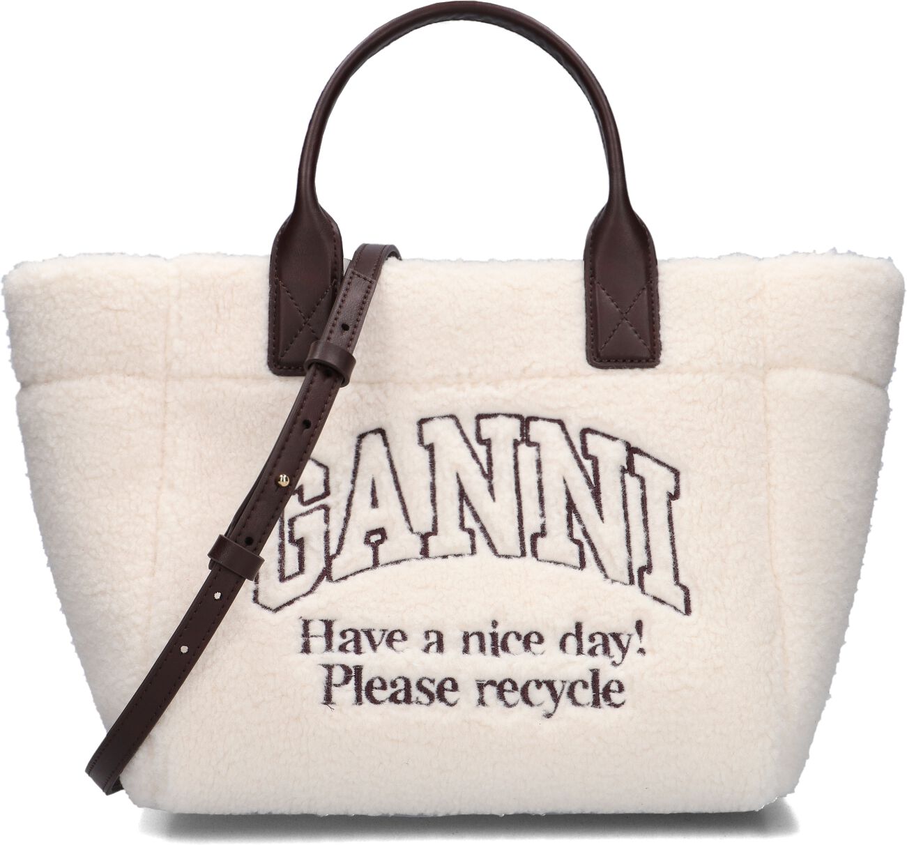 Ganni Ganni Shopper Dames Small Easy Shopper Shearling, Materiaal: Teddy, Kleur: Creme